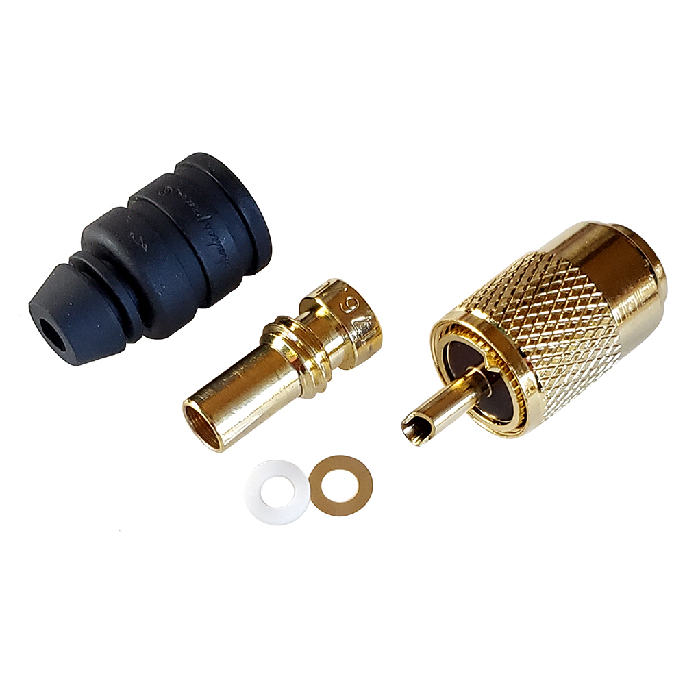 Shakespeare PL-259-58-G Gold Solder-Type Connector w/UG175 Adapter & DooDad® Cable Strain Relief f/RG-58x Shakespeare PL-259-58-G Gold Solder-Type Connector w/UG175 Adapter & DooDad® Cable Strain Relief f/RG-58x
