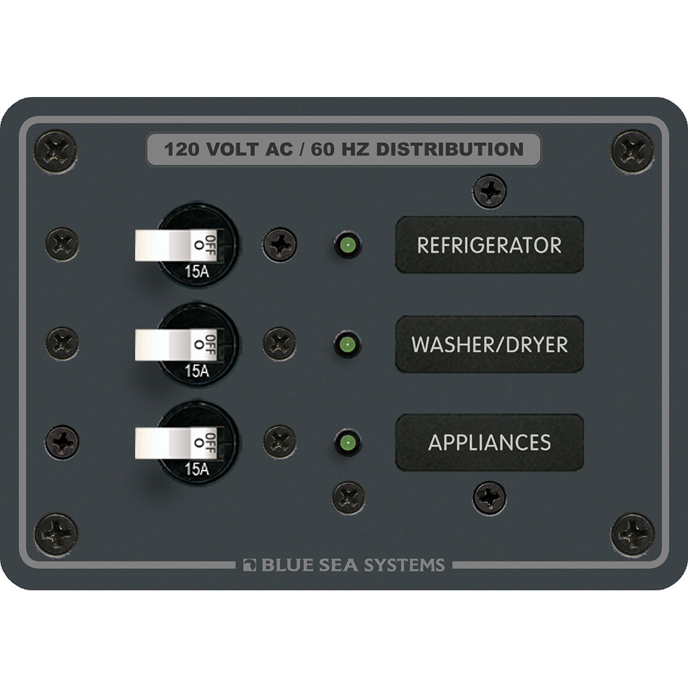 Blue Sea 8058 AC 3 Position Toggle Circuit Breaker Panel - White Switches Blue Sea 8058 AC 3 Position Toggle Circuit Breaker Panel - White Switches