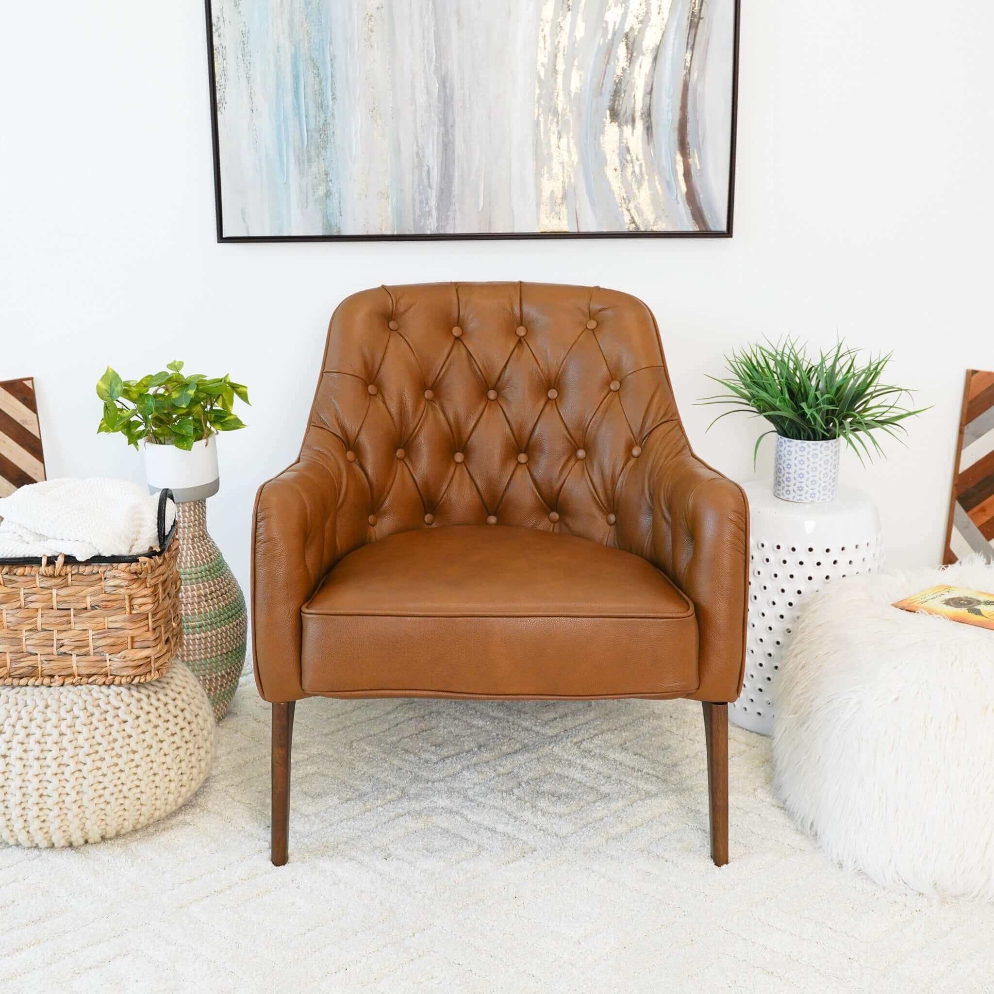 Joshua Mid-Century Modern Tufted Tan Leather Lounge Chair Joshua Mid-Century Modern Tufted Tan Leather Lounge Chair