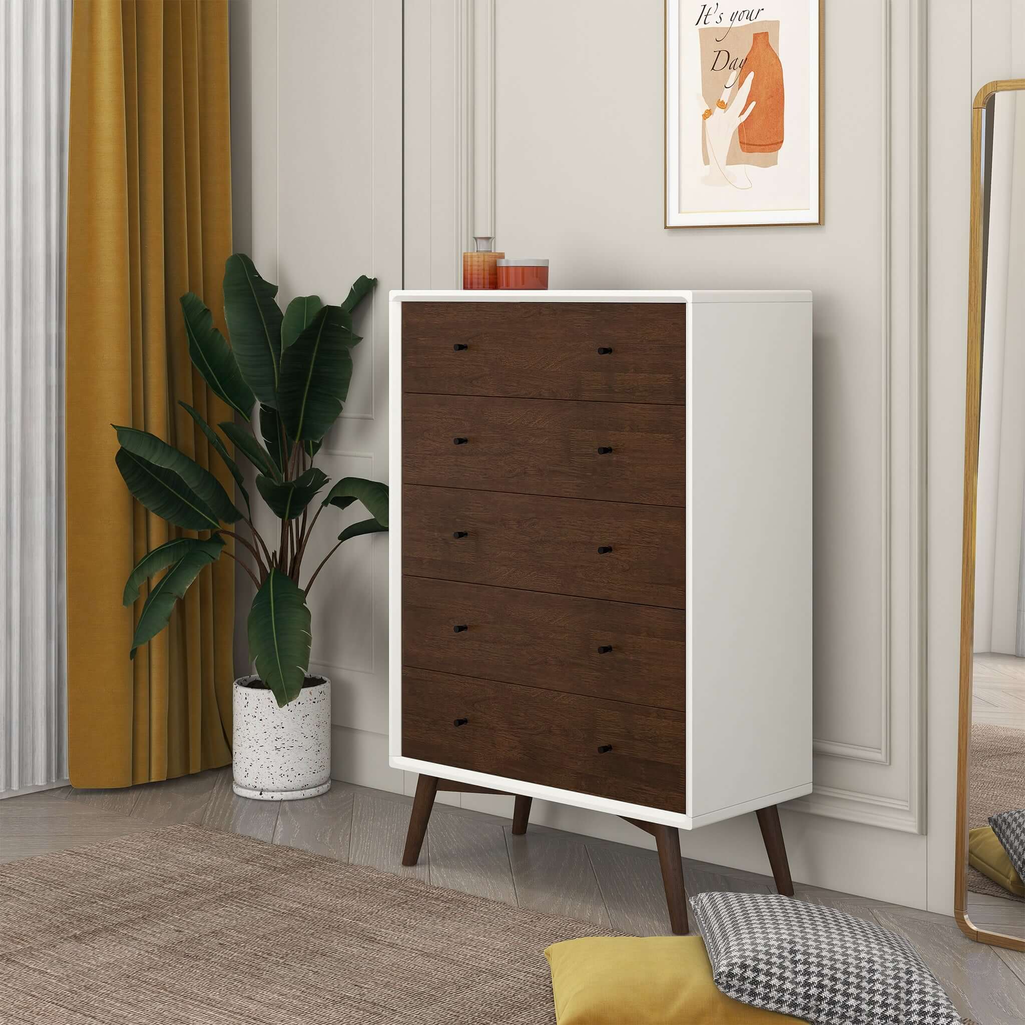 Caroline Mid Century Modern Solid Wood White Dresser 5-Drawer Caroline Mid Century Modern Solid Wood White Dresser 5-Drawer