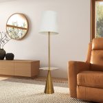 Celestial Modern Floor Lamp with Brass Accent Table with Large White Shade - Image 4