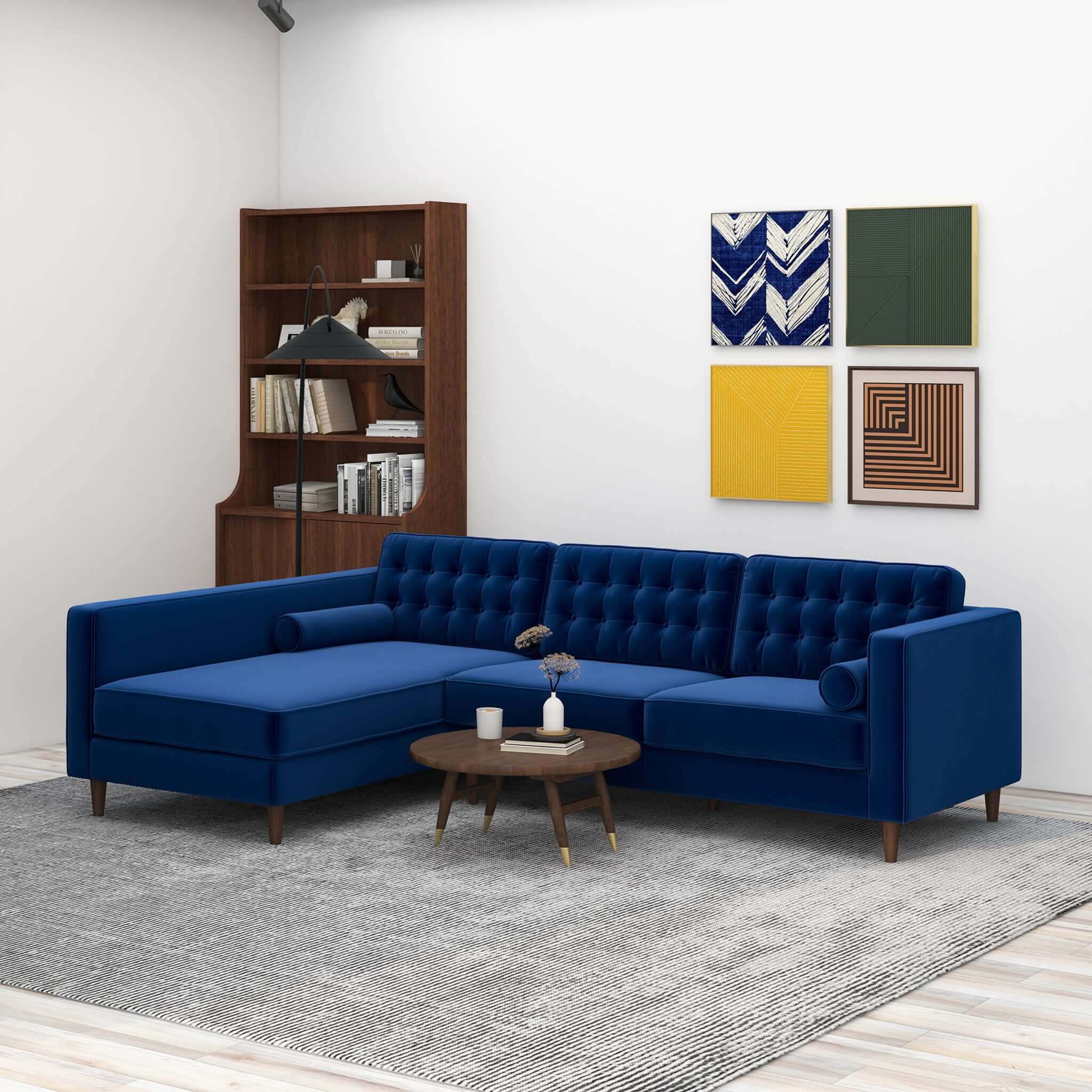 Christian Blue Velvet Sectional Sofa Left Facing Christian Blue Velvet Sectional Sofa Left Facing