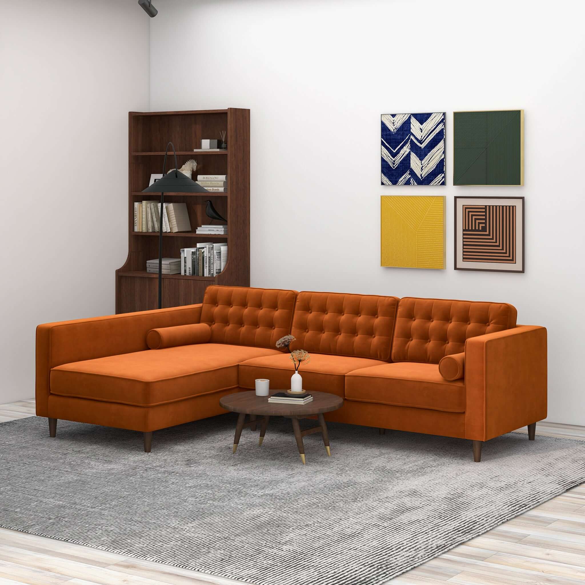 Christian Burnt Orange Velvet Sectional Sofa Left Facing Christian Burnt Orange Velvet Sectional Sofa Left Facing