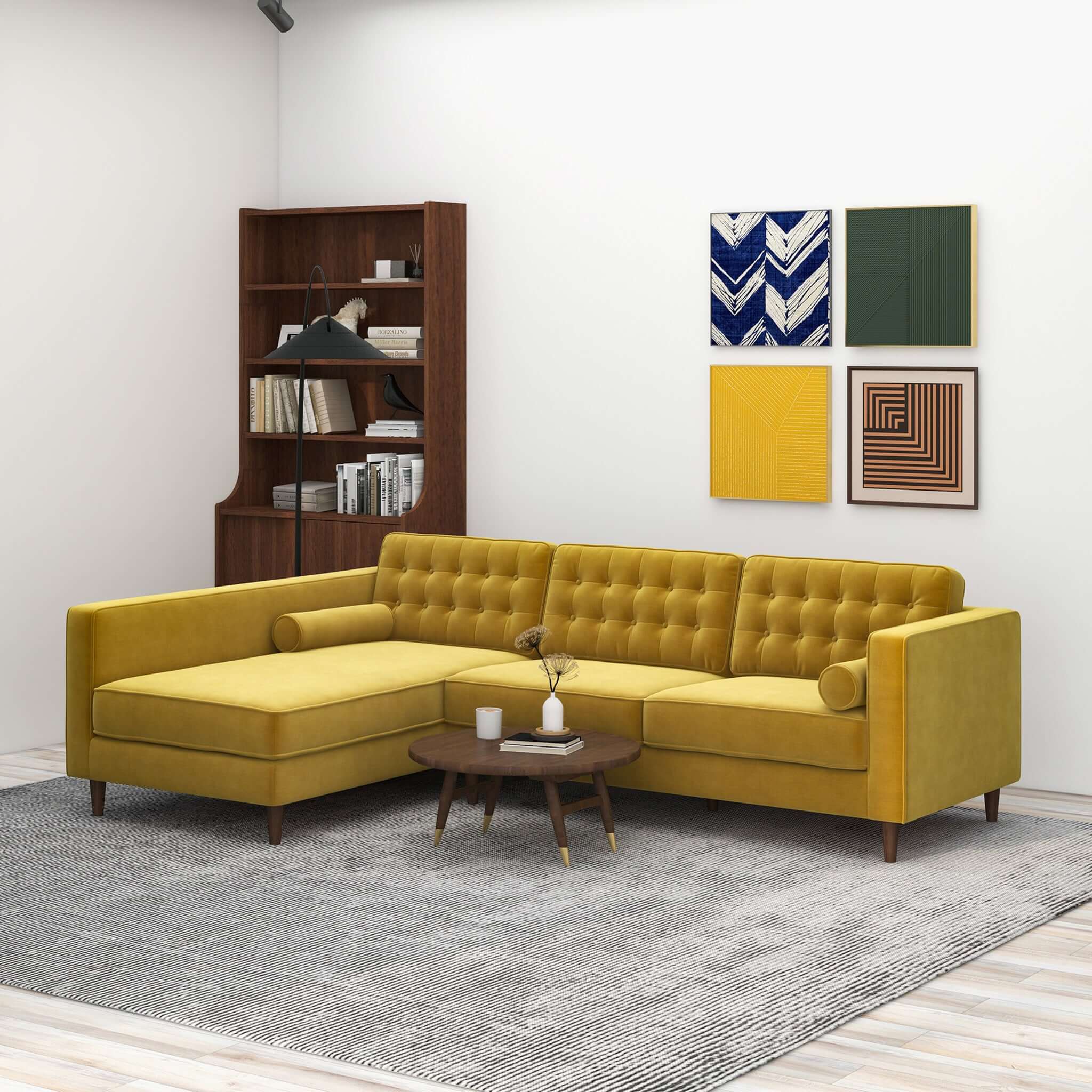 Christian Dark Yellow Velvet Sectional Sofa Left Facing Christian Dark Yellow Velvet Sectional Sofa Left Facing