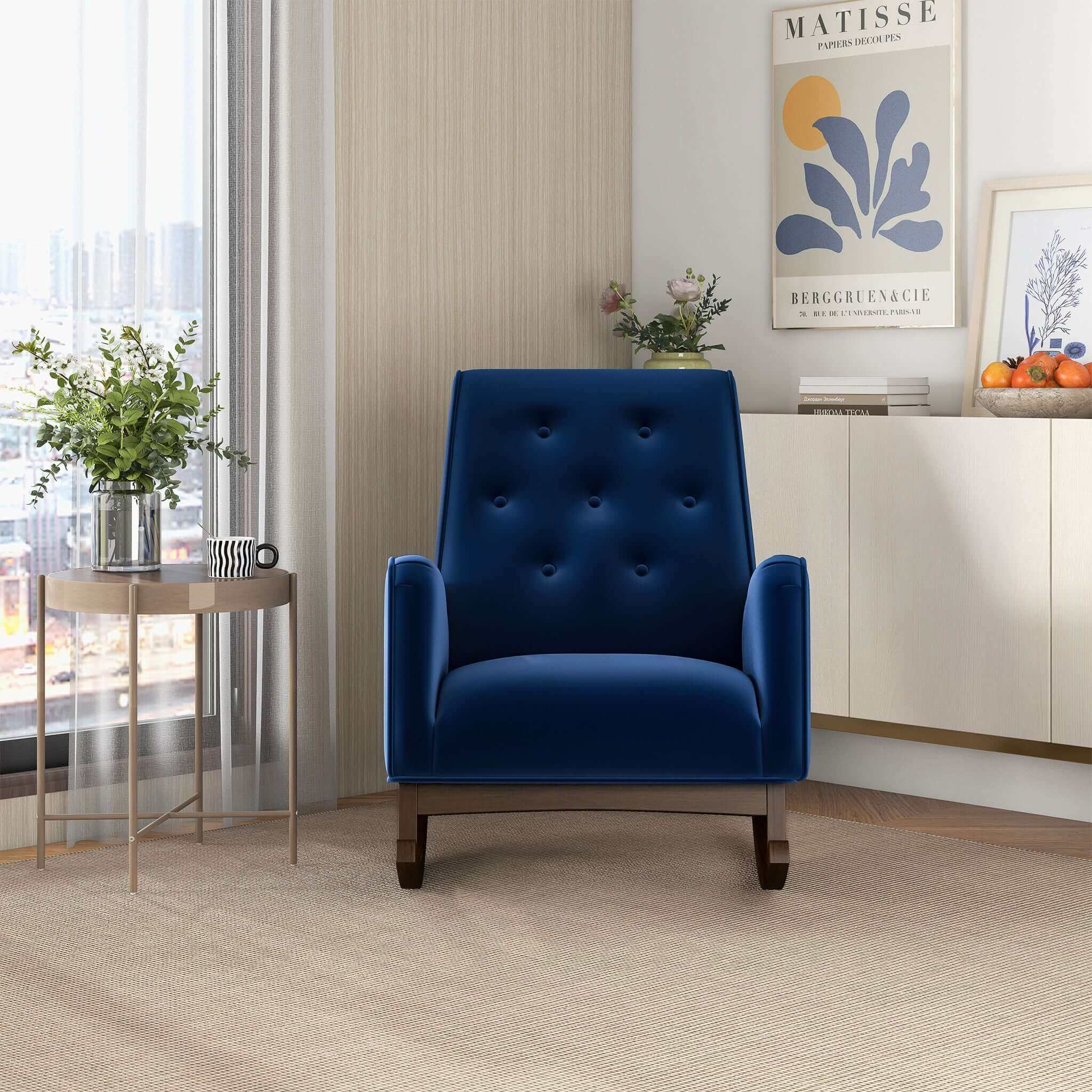 Demetrius Dark Blue Velvet Solid Wood Rocking Chair Demetrius Dark Blue Velvet Solid Wood Rocking Chair