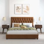 Donald Mid Century Modern Cognac Velvet Platform Bed King - Image 3