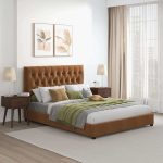 Donald Mid Century Modern Cognac Velvet Platform Bed Queen - Image 4