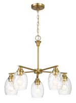 Elegance Five Lights Linear Arms with Golden Brass Finish Chain Chandelier 24"W × 8.5"H with Clear Water Glass - Image 2
