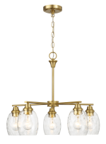 Elegance Five Lights Linear Arms with Golden Brass Finish Chain Chandelier 24"W × 8.5"H with Clear Water Glass - Image 3