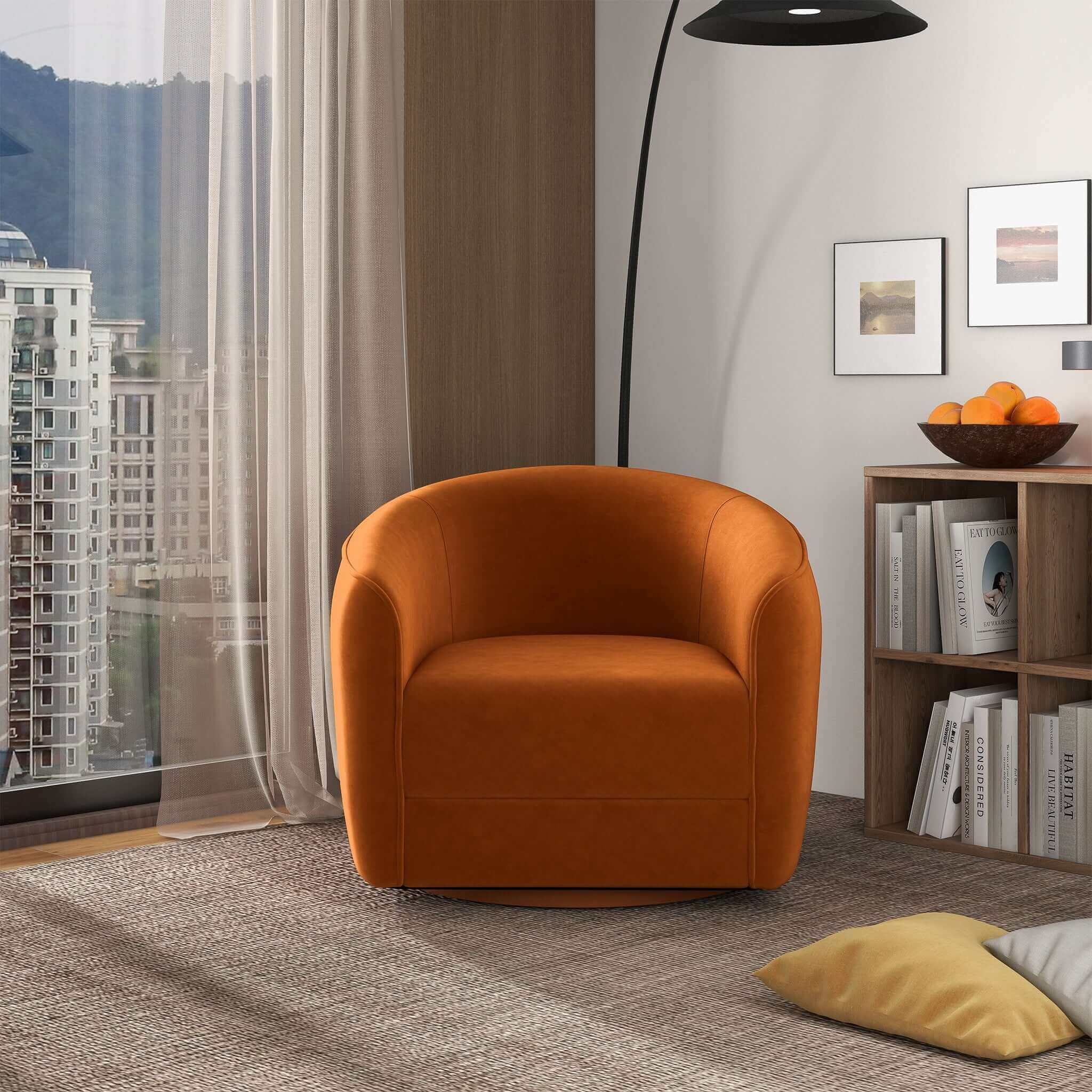 Elise Mid Century Modern Burnt Orange Velvet Swivel Chair Elise Mid Century Modern Burnt Orange Velvet Swivel Chair