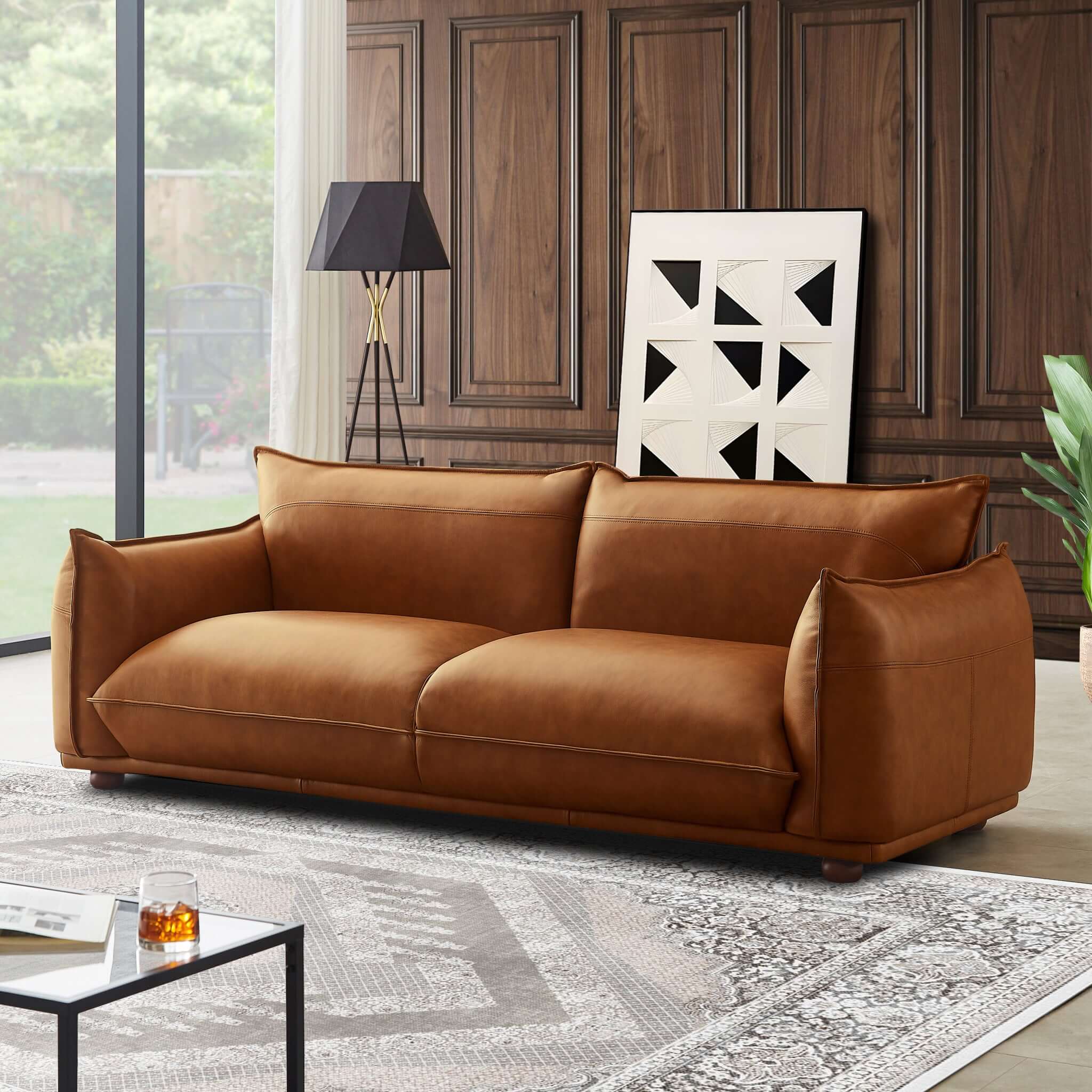 Emma Mid Century Modern Luxury Cognac Leather Sofa Emma Mid Century Modern Luxury Cognac Leather Sofa