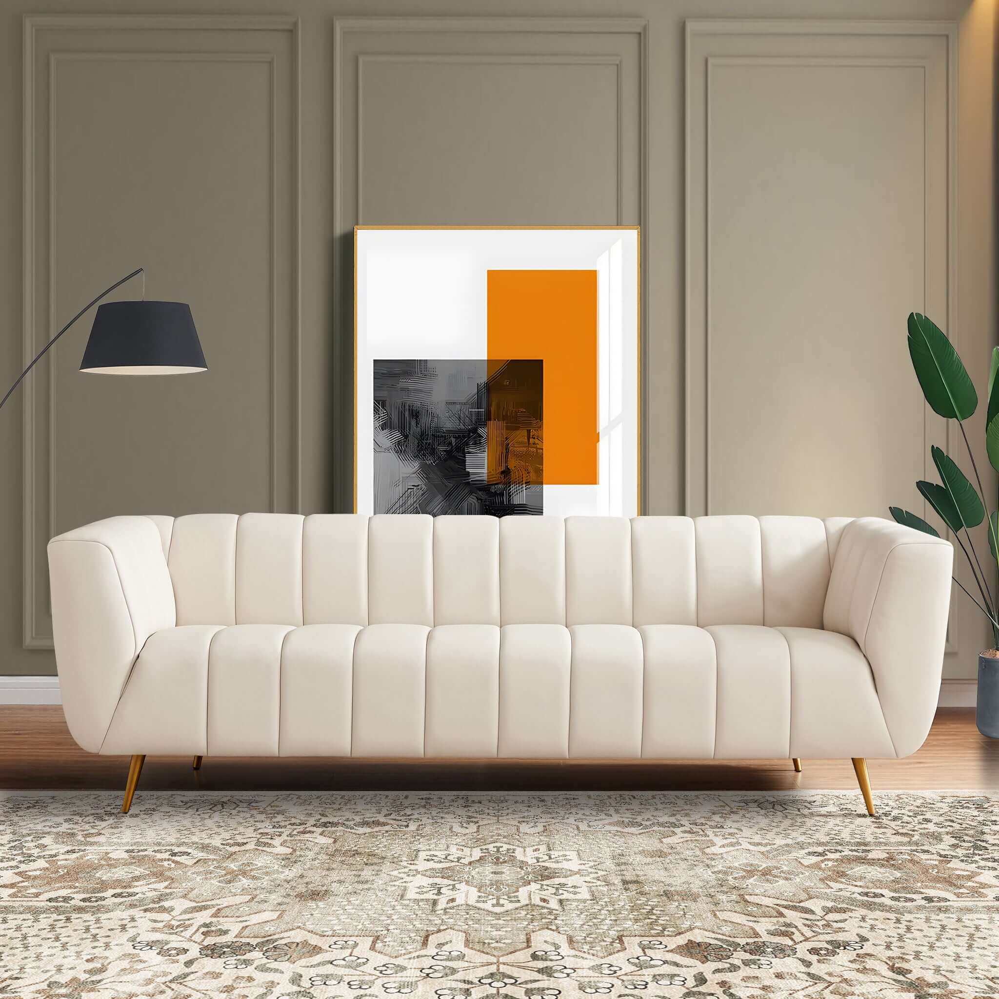 LaMattina Genuine Italian Beige Leather Channel Tufted Sofa LaMattina Genuine Italian Beige Leather Channel Tufted Sofa