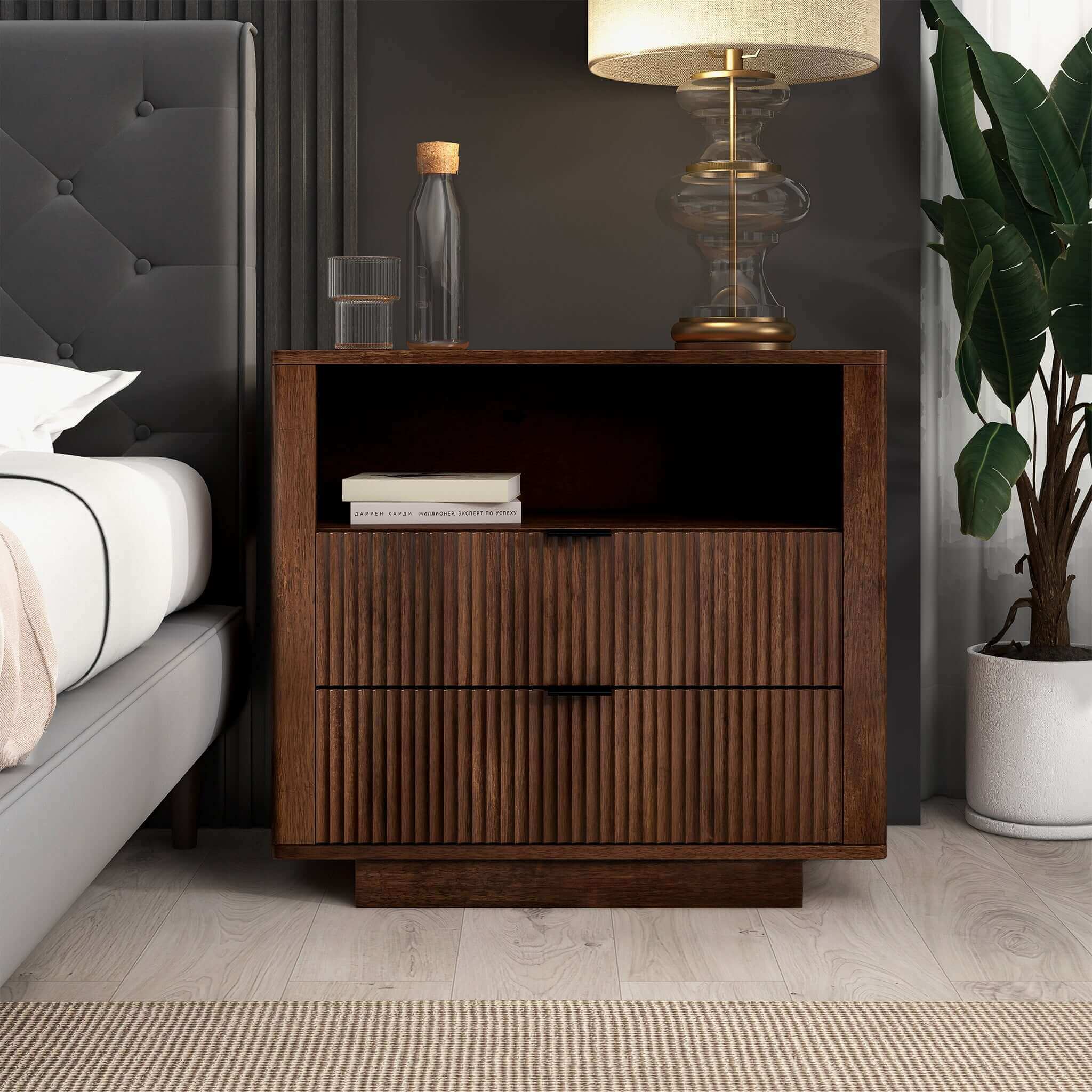 Lola Mid Century Modern Walnut Nightstand 2-Drawer Bed Side Table Lola Mid Century Modern Walnut Nightstand 2-Drawer Bed Side Table
