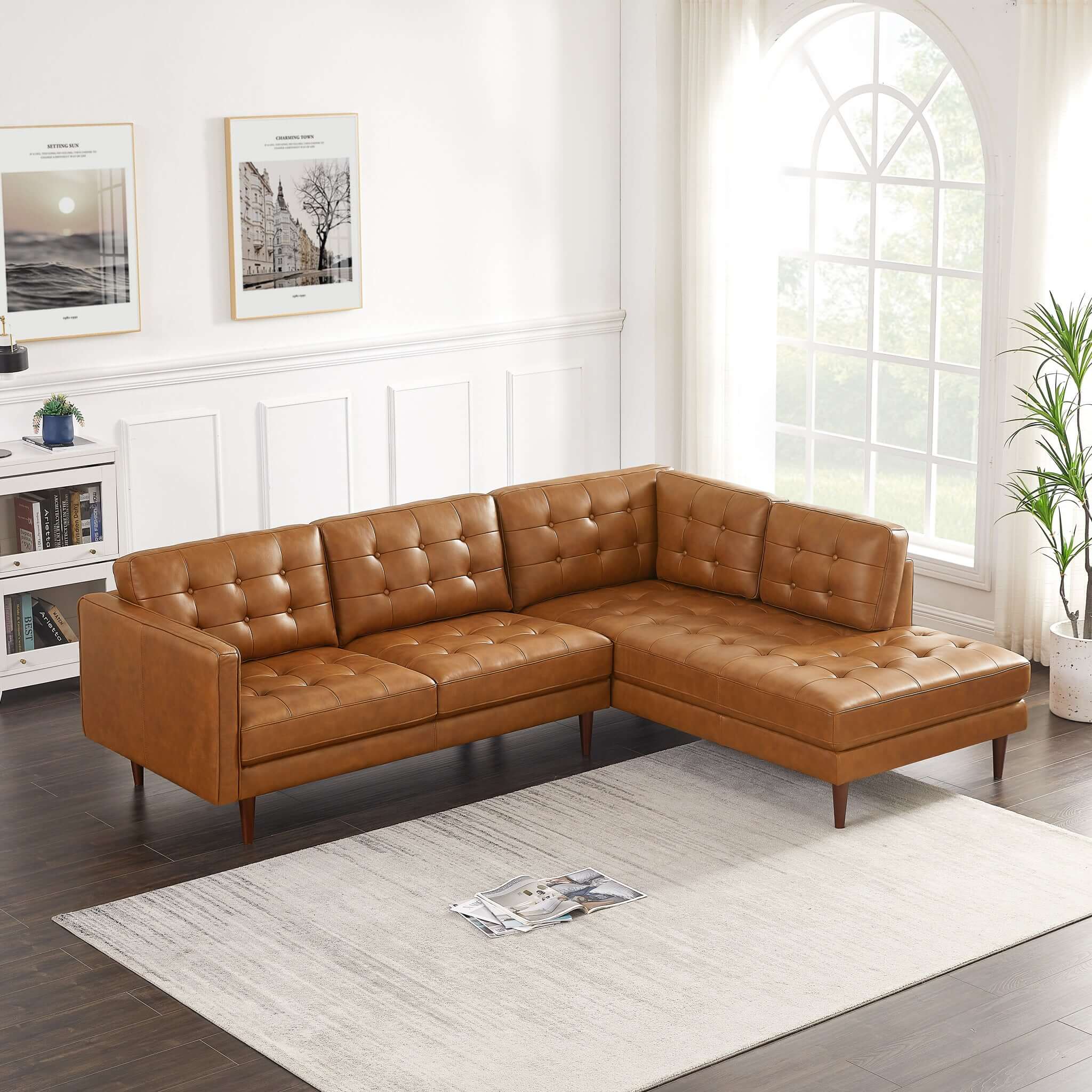 Lucco Genuine Leather Sectional In Cognac Tan Right Facing Lucco Genuine Leather Sectional In Cognac Tan Right Facing