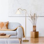 Majestic Brass Ring Base Curved Floor Lamp with Triangle White Drum Shade - Image 4