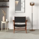 Melody Black Strap Leather Teak Wood Lounge Chair - Image 4