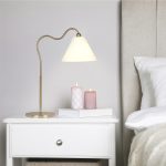 Ornate Brass Ring Base Curved Table Lamp with Triangle White Drum Shade - Image 4