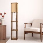 Pinnacle Shelf Floor Lamp For Bedroom/Living Room, Natural Wood with Long Shade - Image 4