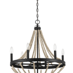Starry Wood Chandelier Farmhouse Six Candle Light Wood Beaded Black Pendant Light for Dining Room