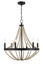 Starry Wood Chandelier Farmhouse Six Candle Light Wood Beaded Black Pendant Light for Dining Room - Image 3