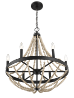 Starry Wood Chandelier Farmhouse Six Candle Light Wood Beaded Black Pendant Light for Dining Room - Image 4