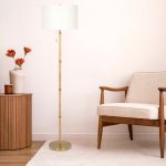Stellar Wood Rattan Tube , Gold Brass Metal and White Linen Shade Floor Lamp - Image 3