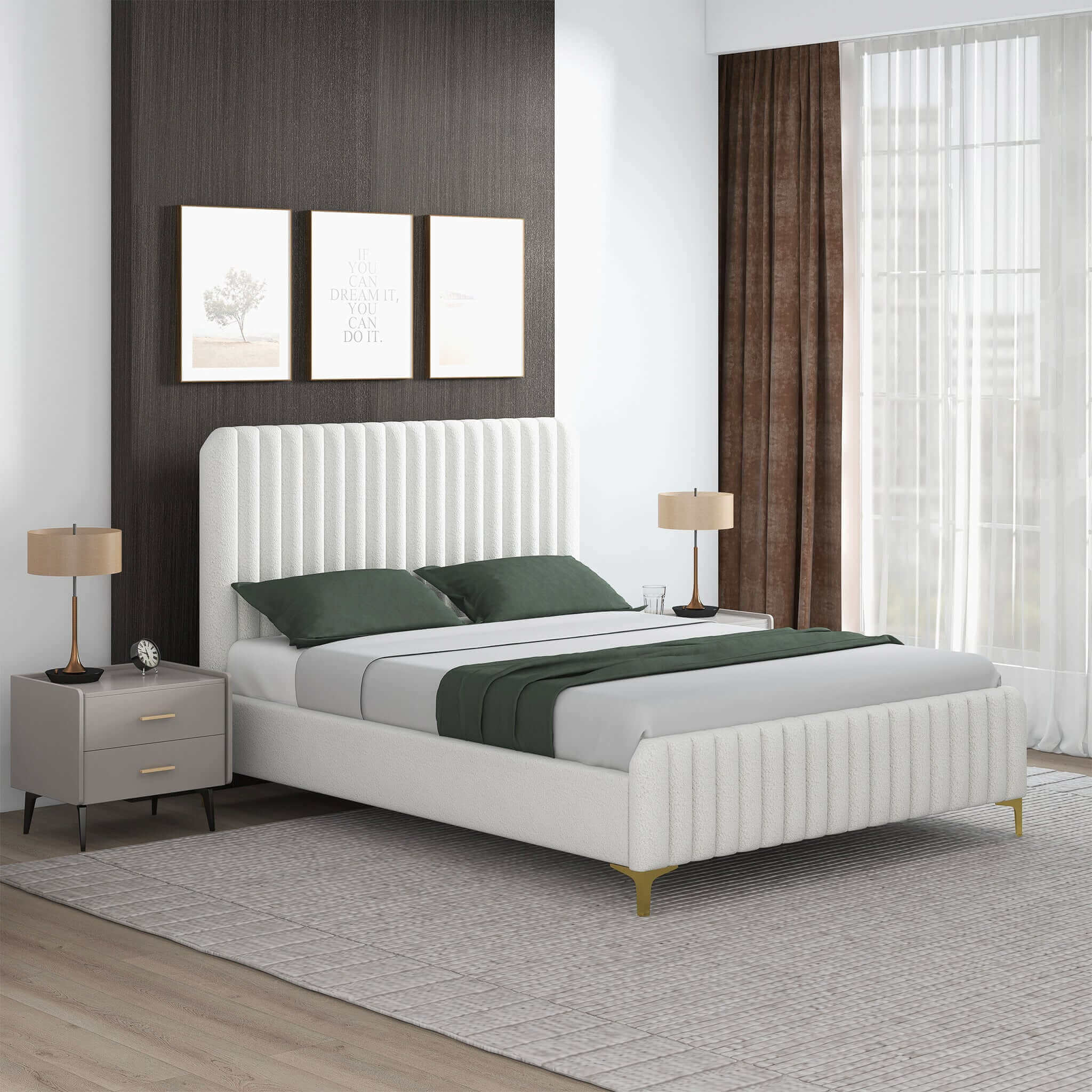 Valery Queen Size Cream Boucle Platform Bed Valery Queen Size Cream Boucle Platform Bed